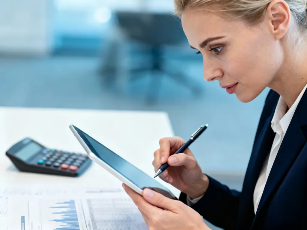 Kobieta w biurze analizująca dane finansowe na tablecie, obliczająca wysokość wynagrodzenia netto.