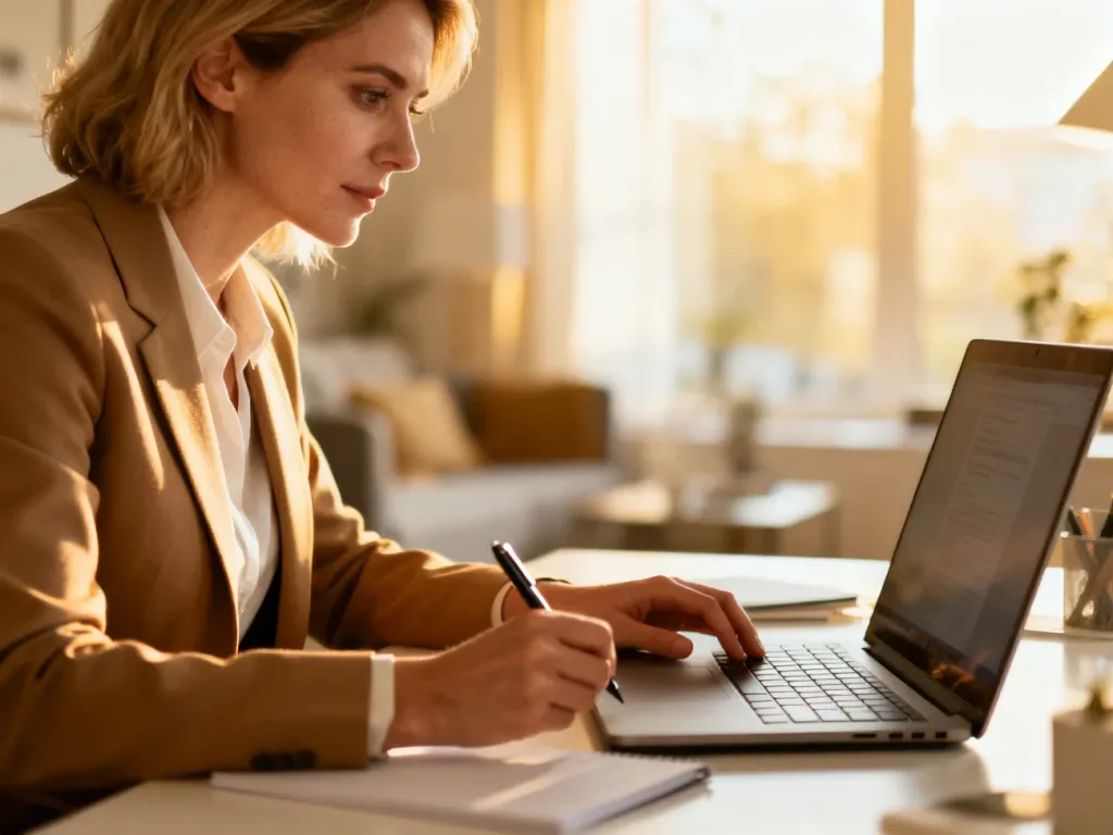 Kobieta pracująca przy laptopie w nowoczesnym biurze domowym, skupiona na obliczeniach finansowych.