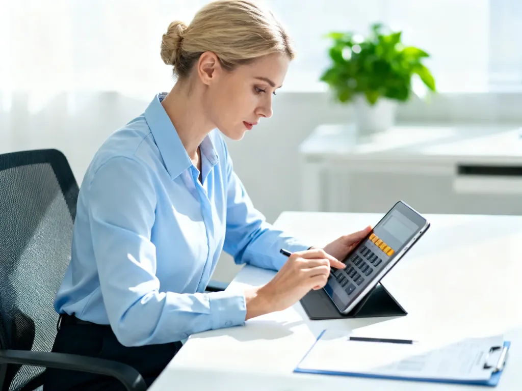 Kobieta w nowoczesnym biurze oblicza wynagrodzenie na tablecie, skupiona na planowaniu finansów.